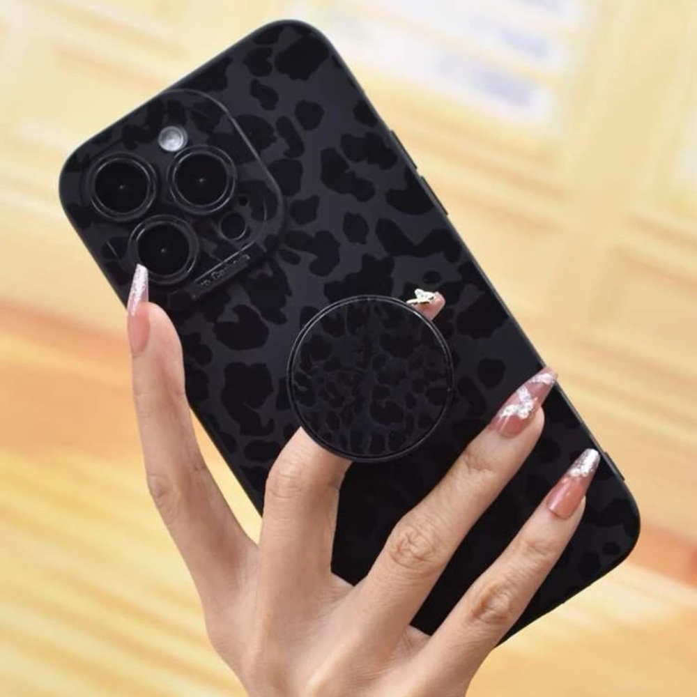 iPhone 14 Pro Max Phone Case in Black Leopard with Pop Socket
